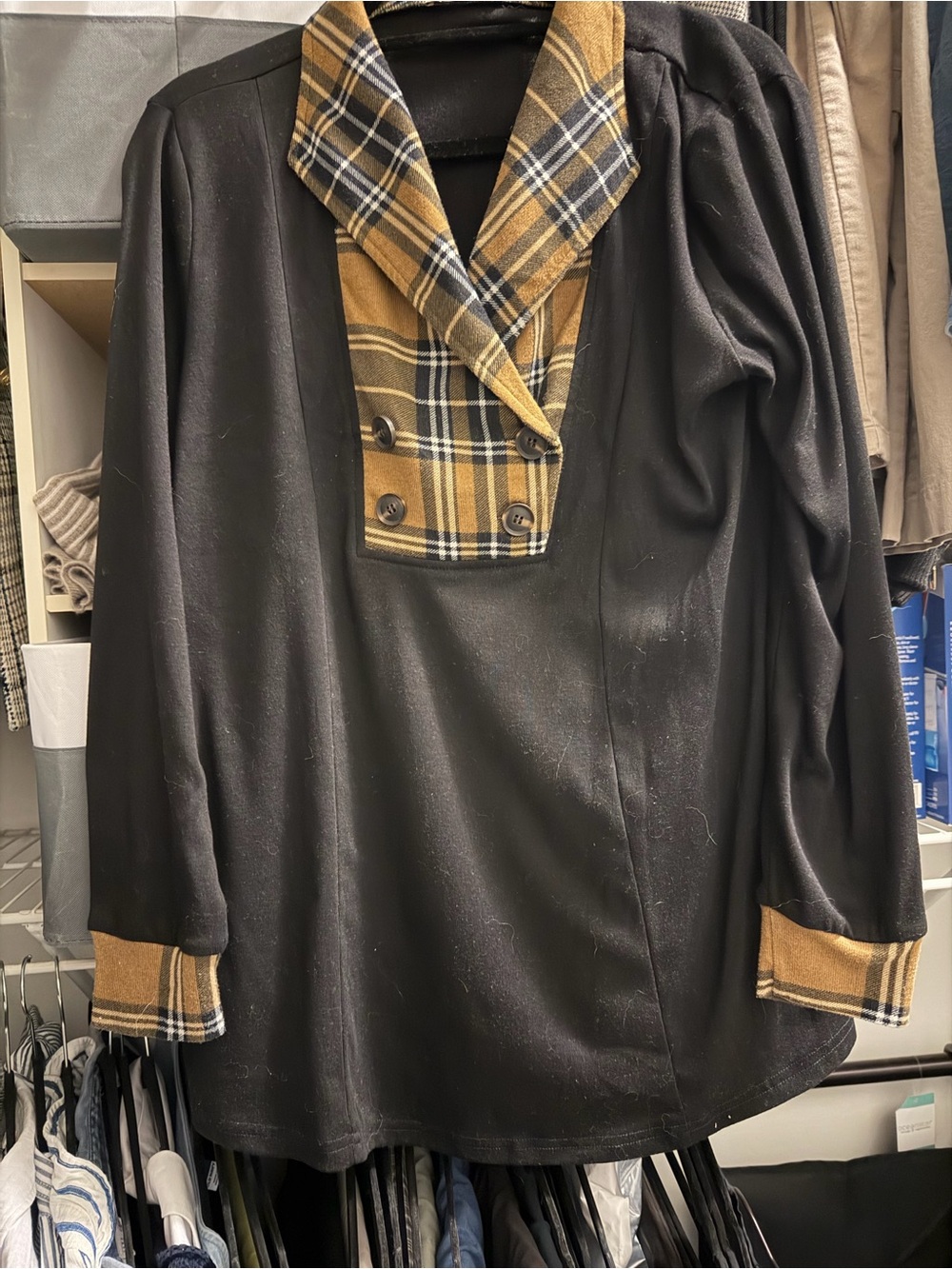 Black Jacket like top with Mustard Plaid Trim - Women's Coat top